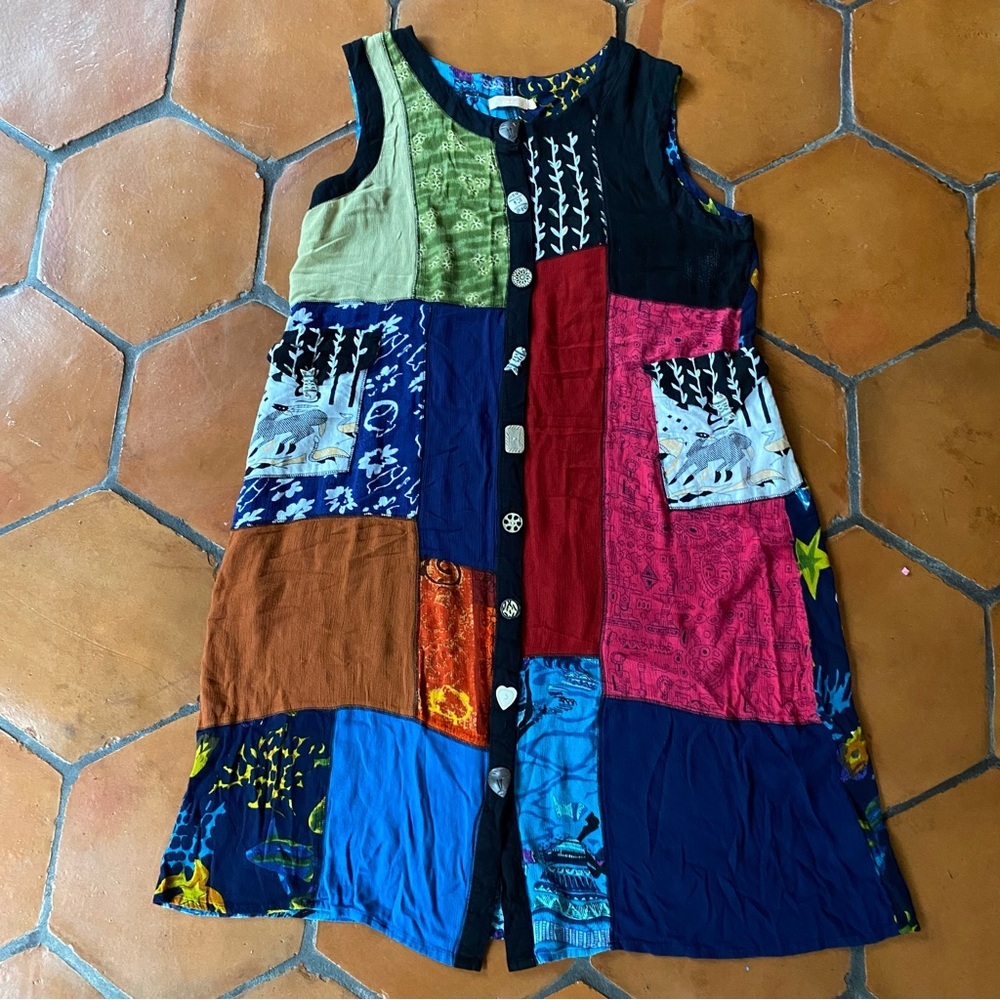 La Cera 1X Button Front Patchwork Dress Artsy Tri… - image 1